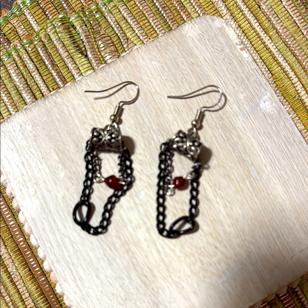 181.  Hand-Crafted Repurposed Elegant Black and Red Chain Earrings
